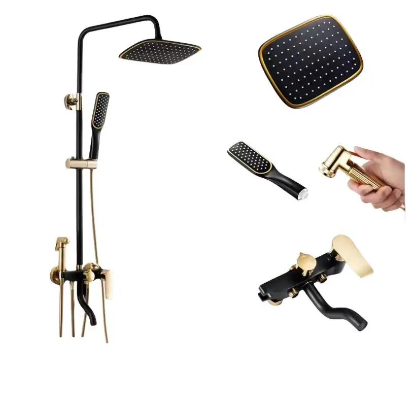 Samiyah Modern Wall Exposed Bathroom Rainfall Shower Set Black gold brass 3/4 way shower head Brass Bath Shower Mixer Faucet