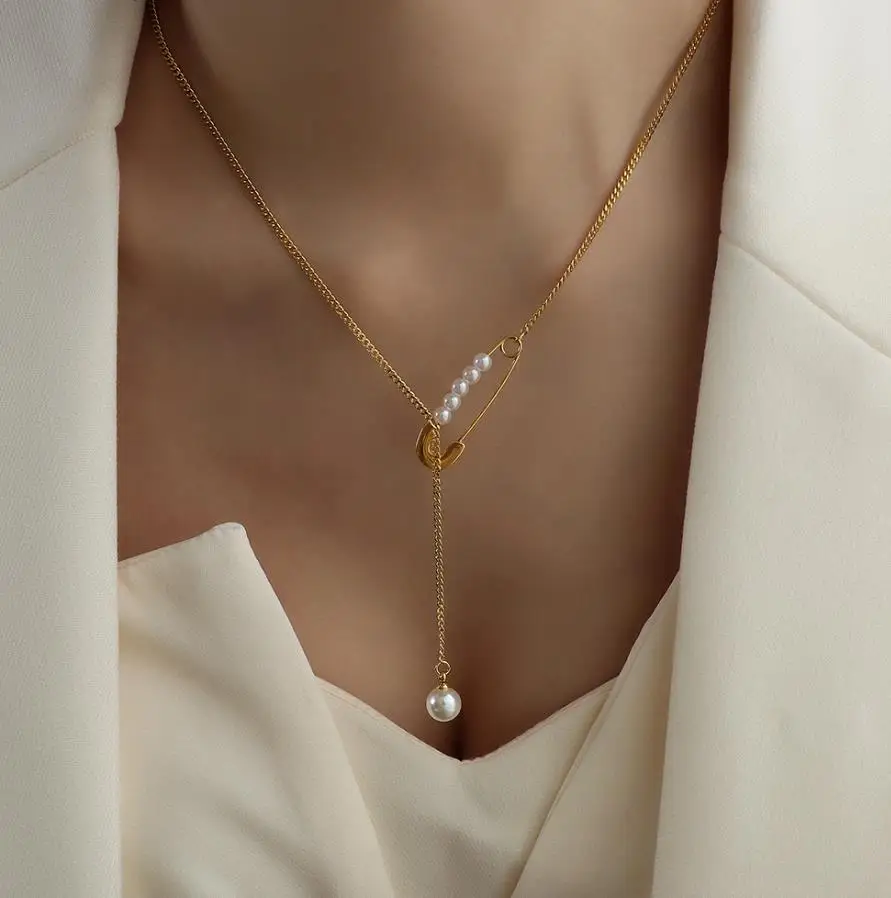 French paperclip collier femme 18K gold imitation pearl necklace stainless steel long necklace with pearl for women