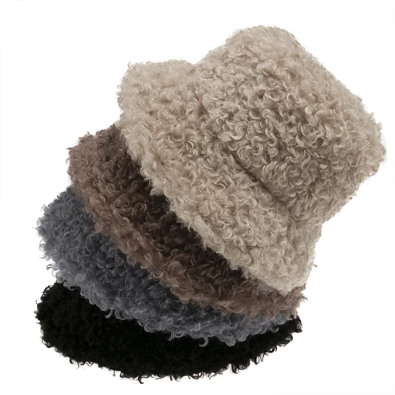 Trendy Warm Lamb Faux Fur Bucket Cap Solid Fluffy Fishing Cap Panama Bob Fisherman Winter Hats For Female