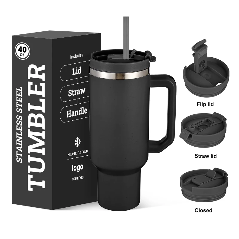 Spot Delivery 40oz bulk price black insulated wholesale tumbler cup with handle PP lid 2 IN 1 Lid