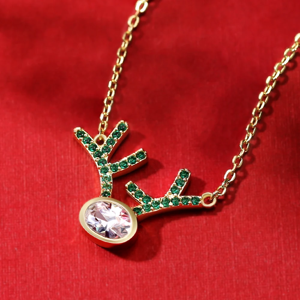 Christmas Jewelry Gift Elk Deer Antlers 14K Real Gold Plated 925 Sterling Silver  Gemstone Pendant Necklaces for women