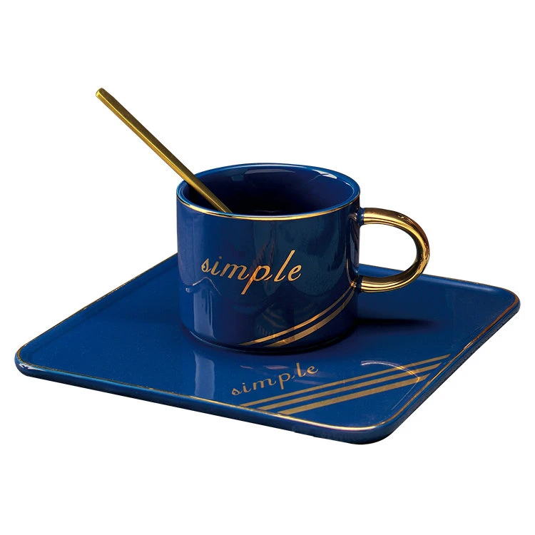 European style matte glaze golden rim luxury ceramic mug latte coffee porcelain cups with square saucer