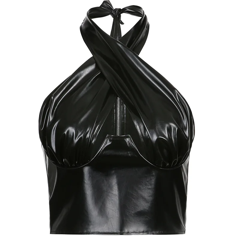 New design sexy hollow backless short PU Leather sports top2021Summer Design cross strap zipper top women top vest