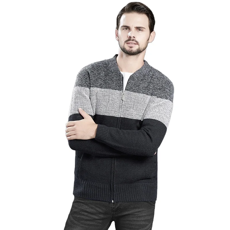 O Neck Long Sleeve Grey Color Block Zip Up Mens Cardigan Sweater For Men