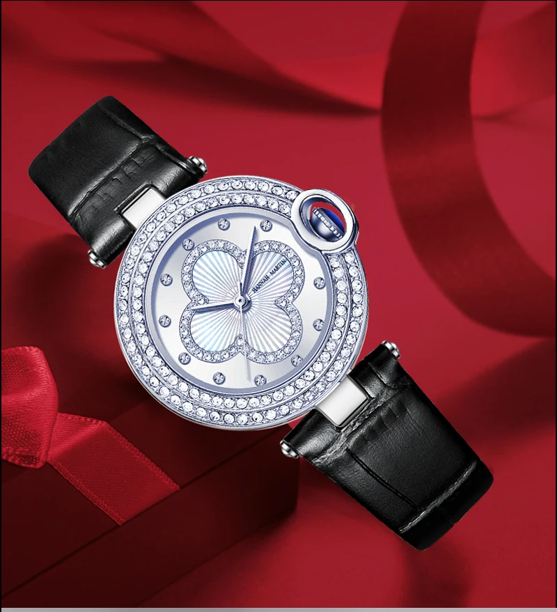 HANNAH MARTIN WATCH FACTORY Custom Logo Japan Quartz Movement Fashion Luxury Genuine Leather Strap Diamond Wrist Watch For Women