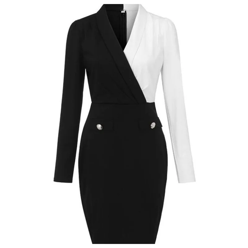 2021 Newest Fashion Spring V Neck Collar Black White Split Pencil Career Dress Women Pencil Office Lady Dress