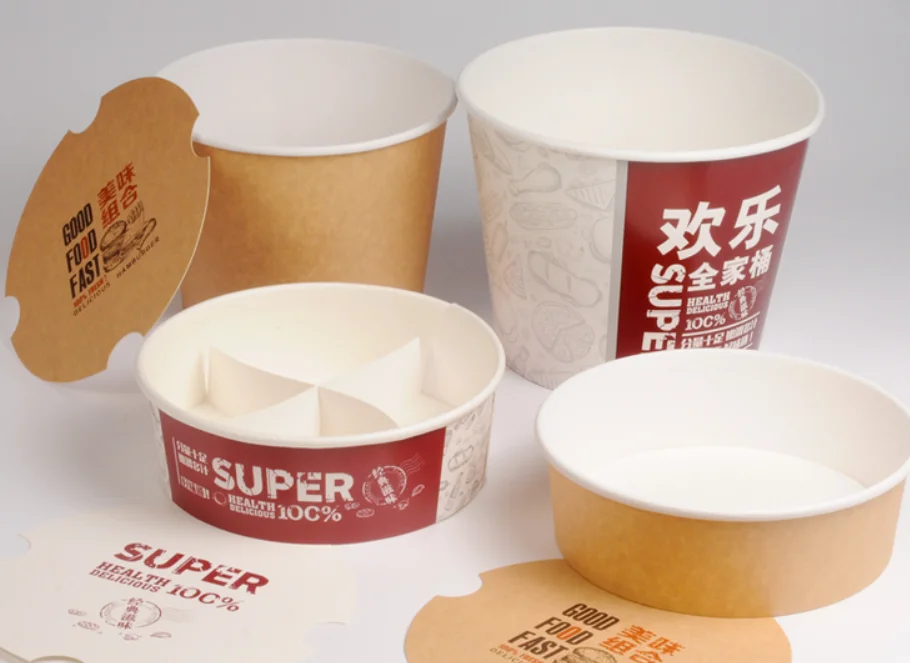 Custom Logo Printed Disposable Paper Food Barrel Cup Tub 64oz 85oz KFC Fried Chicken Bucket with Lid