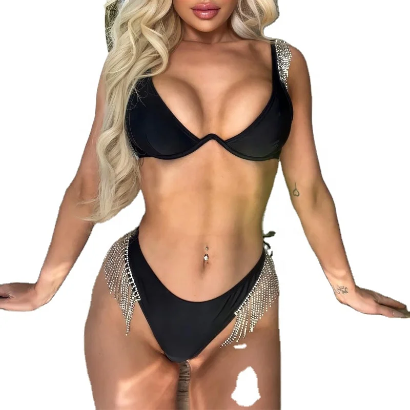 2022 Autumn sexy two-piece bikini swimsuit with tassels, diamond chains