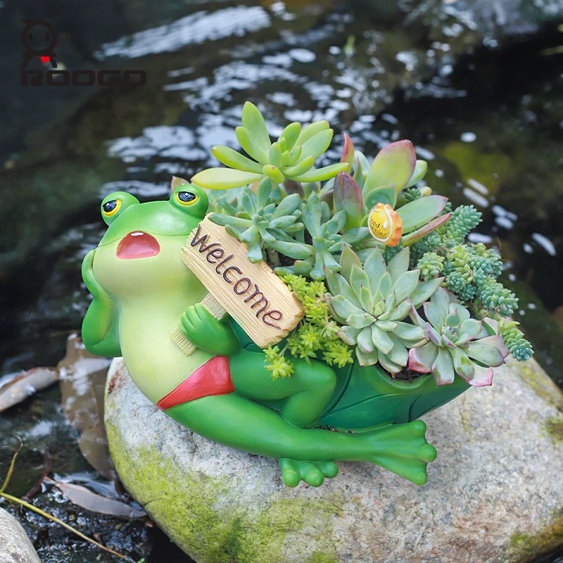 Roogo Figurine Frog Resin Succulent Small Flowerpot Handmade DIY Green Plant Potted Desktop Pen Holder Decoration  Gift Outdoor