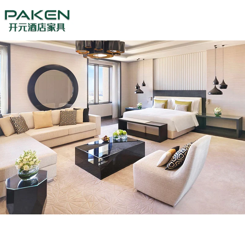 Dubai Ritz Carlton 5 Star Hotel Room Suite Wooden Headboard King Size Bed Luxury Bedroom Sets Hotel Furniture