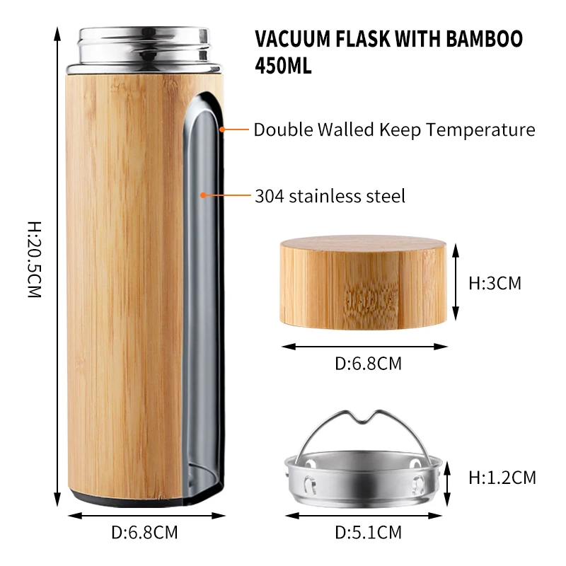 Custom Reusable Water Bottles Bamboo Sustainable Water Bottle Bamboo Thermos Bottle