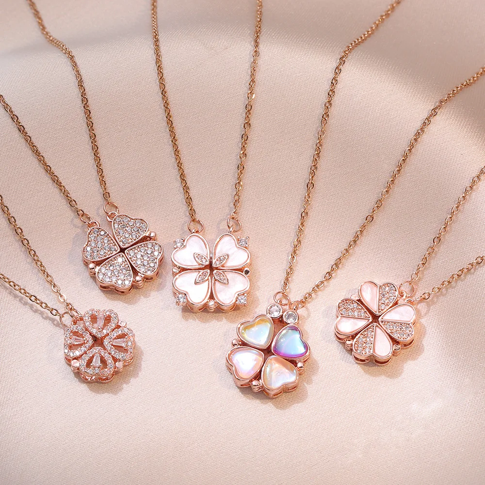 18K Gold Plated Four Leaf Clover Love Zircon Lucky Necklace Stainless Steel Jewelry Clover Pendant Necklace For Women