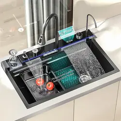 Нержавеющая сталь раковина кухня с одним слотом многофункциональная антиблистерная цифровая дисплей Водопад кухонная раковина с