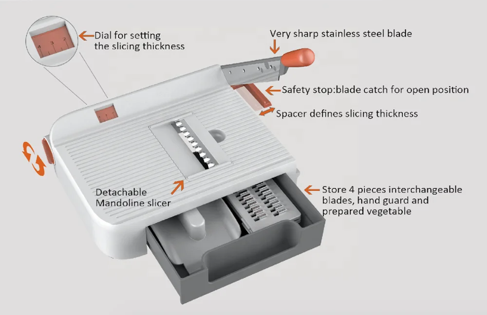 Multi-function hand adjustable thickness dial safe manual fruit shredder dicer cutter grater chopper mandoline vegetable slicer
