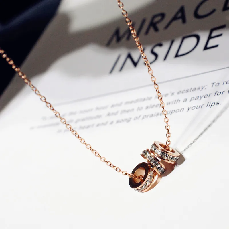 Zircon Tripleinteocking Eternity Circle Anti Tarnish Gold Plated Stainless Steel jewelry Fashionable Pendant Necklace For women