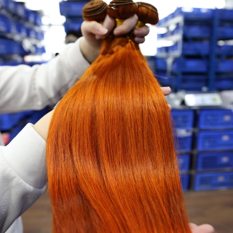 Orange Ginger Color Straight Virgin Human Hair Extensions,350# Orange Ginger Ombre Color Hair Bundles with Lace Frontal Closure