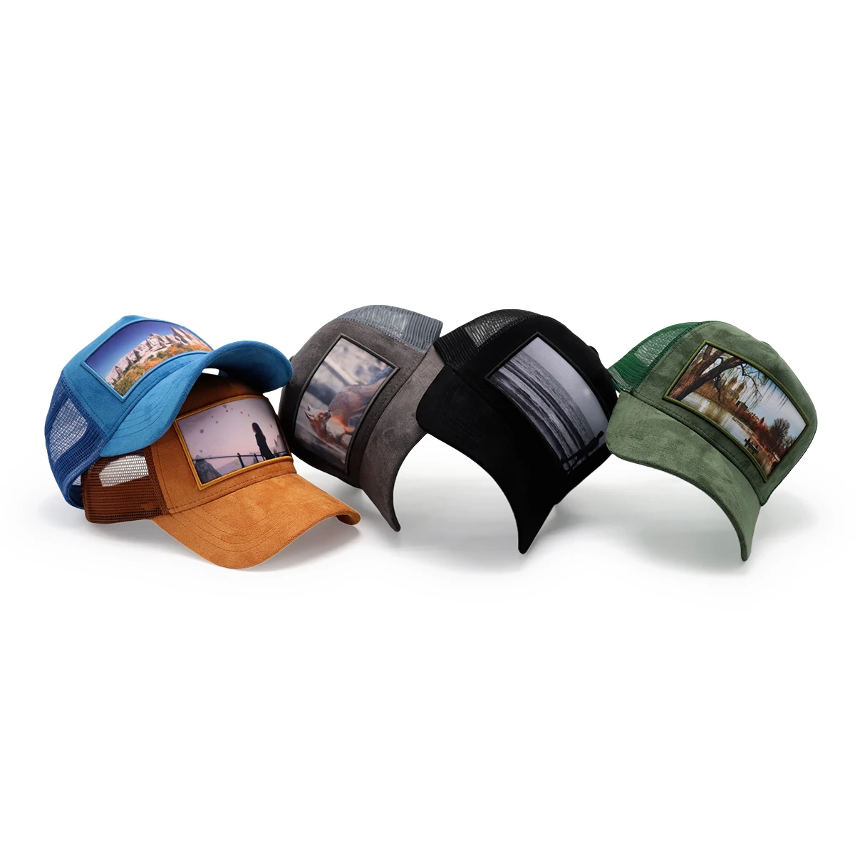 Own Photo Sublimation transfer print patch Logo furry fluffy suede velvet caps Custom Personnalisable Trucker Hat 5 panel mesh