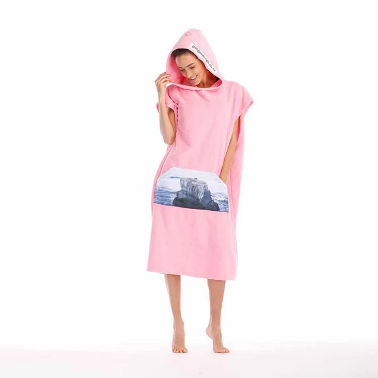 
Women terry cloth poncho hooded beach towel with pocket 