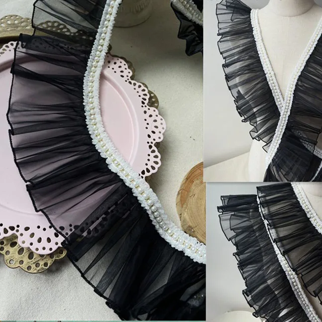 9CM Wide Organza Tulle Wed Fabric Ribbon Frills Needlework Glitter Beaded Fringe Lace Ruffle Trim Wedding Dress Sewing DIY Craft