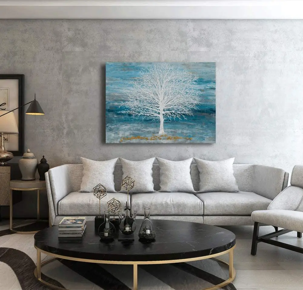 Newest Chinese Creative Tree Abstract Oil Painting on Canvas Blue Teal Home Decor Wall Art Ready to Hang