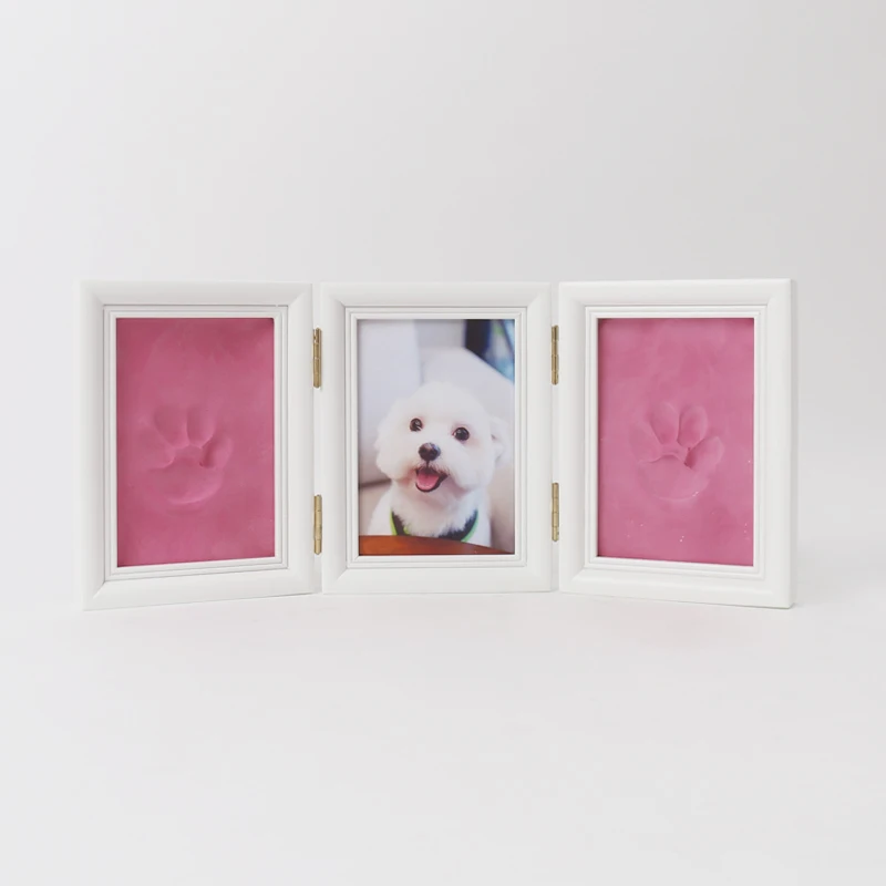 Foldable solid wood photo frame for easy placement as a beautiful gift for pets with pressed paw prints