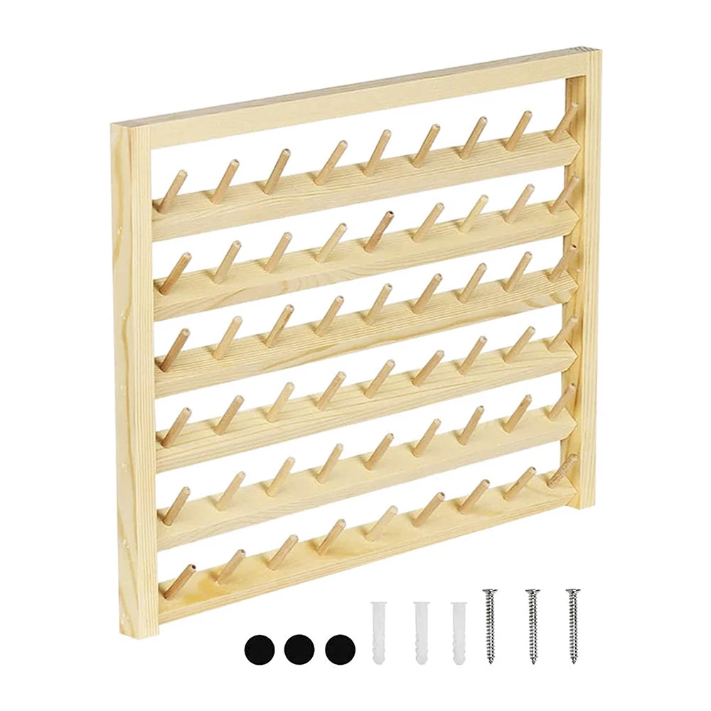 54-Spool Sewing Thread Rack, Wall-Mounted Sewing Thread Holder with Hanging Hooks, Wooden Organize for Mini Sewing, Quilting