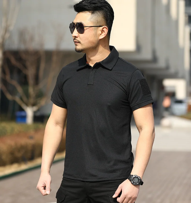 DFT0301  stock promotion Polo T shirts short sleeves with pocket on arm and magric sticky sign address