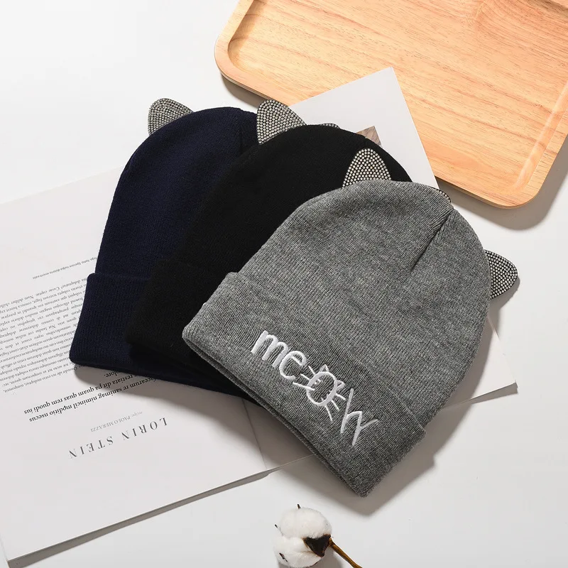 Cat Ears Embroidery Beanie Warm Animal Shape Letters Embroidered Winter Pattern Skull Cap for Running Sports Travelling