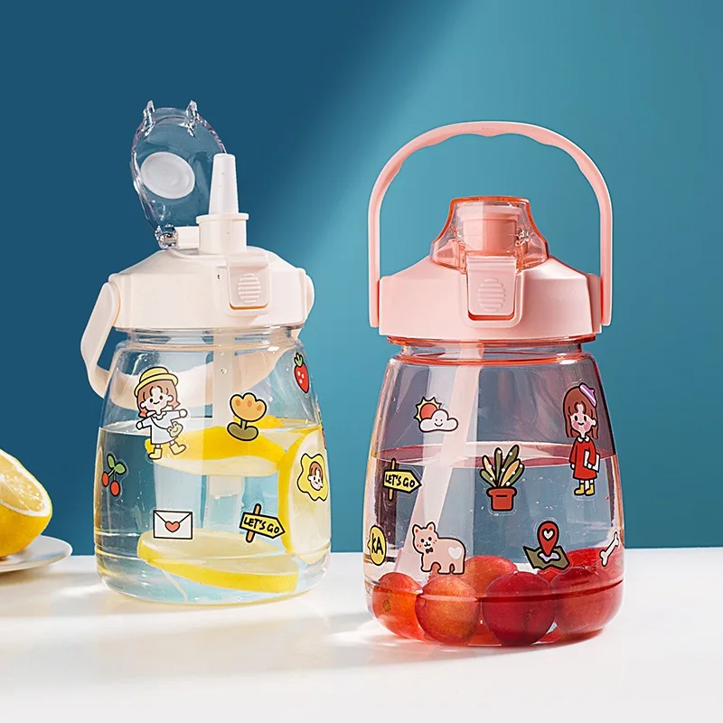 Custom Students Children Strap Straw Cute Large Capacity With Straw Novelty Portable Cartoon Sticker Plastic Water Bottle