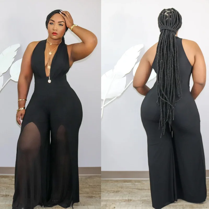K2143  Summer Sexy V-Neck Halter Stitching Chiffon One Piece Wide Leg Pants Rompers Women Casual Plus Size Jumpsuit 2022