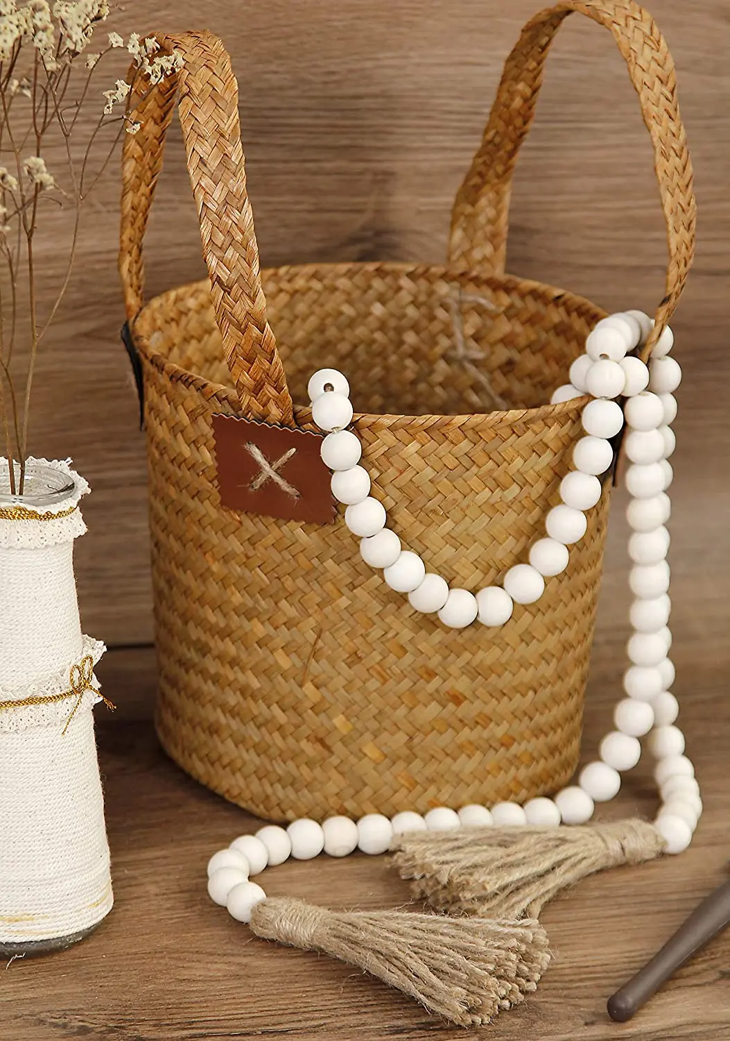 58in Wood Bead Garland with Tassels,Farmhouse Beads Rustic Country Decor Prayer Boho Beads Wall Hanging Decoration