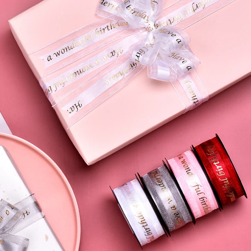 Ribest Custom Gold Foil Satin Organza Ribbon Logo Printed For Birthday Cake Gift Wrapping