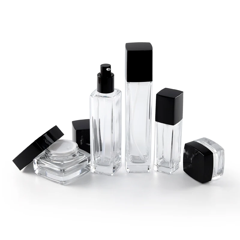 Idealpak Europe and America Hot Selling Custom Glass Cosmetic Bottles Travel Cosmetic Set Square Glass Bottle