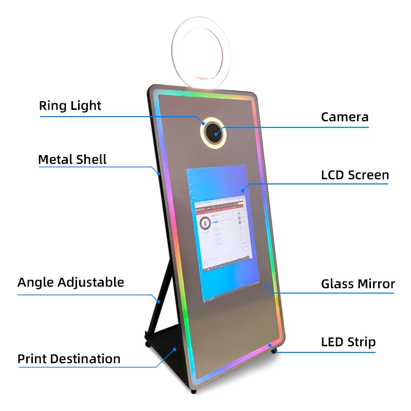Equipped With Square Led Light 65inch Magic Mirror Photo Booth Selfie 43 Inch Smart Touch Screen With Camera And Printer
