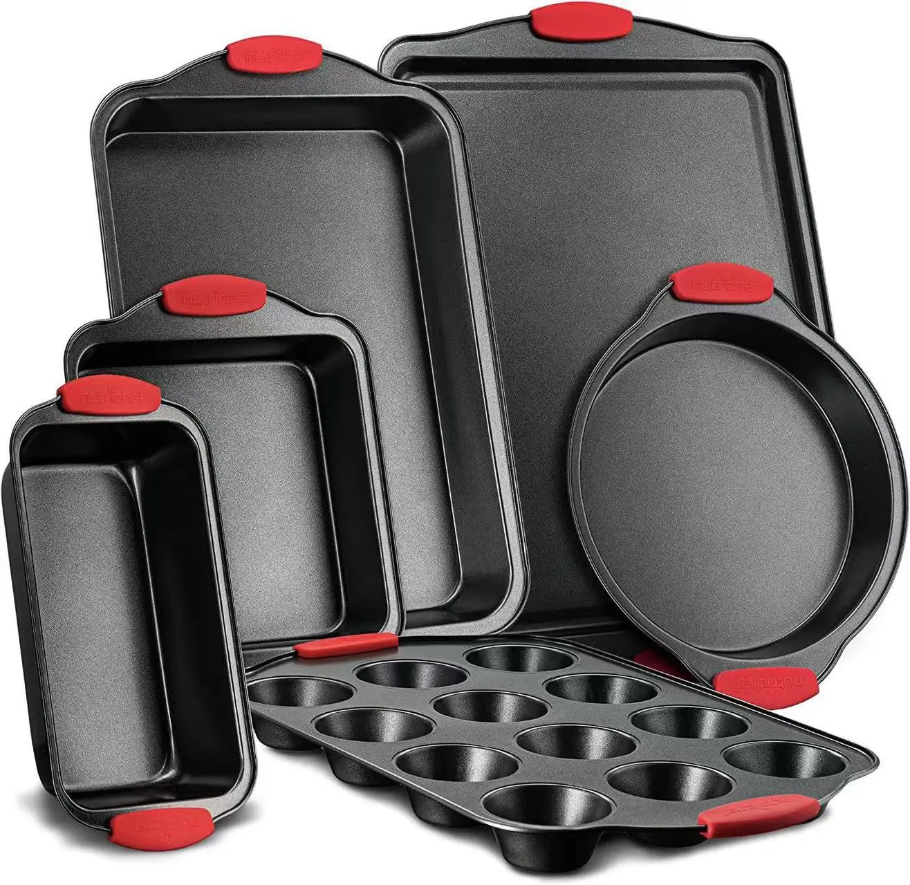 High Quality Kitchen Oven Baking Pans  Restaurant Quality Metal Nonstick Gray Coating Bakeware with Red Silicone Handles
