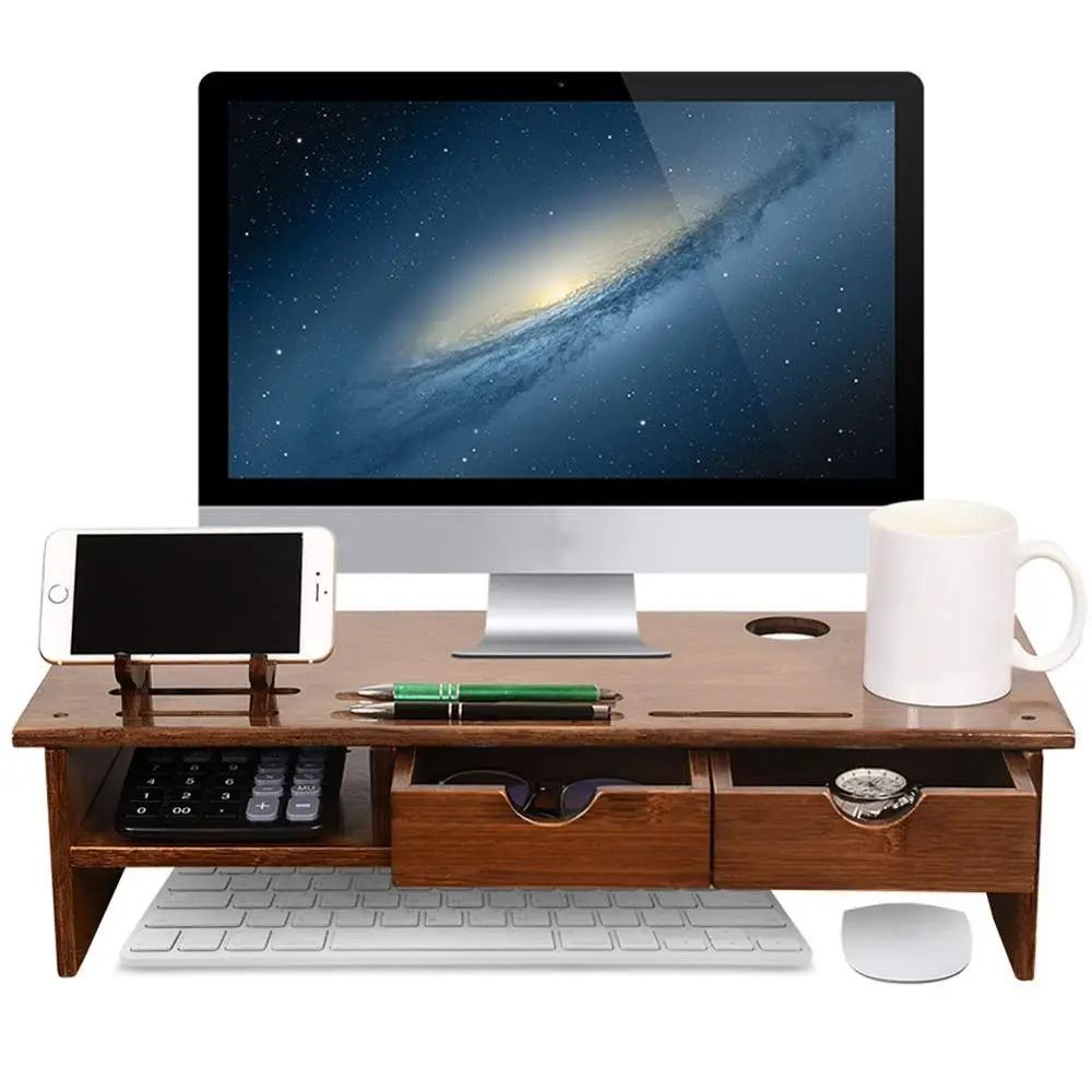 Подставка для монитора из бамбукового дерева Настольная полка ноутбука с ящиками коричневая