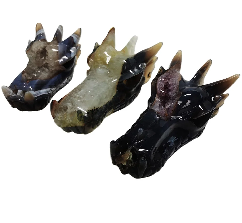 Wholesale Small size Hand Carved Amethyst Agate Druzy Geode Crystal Dragon Cheap Skull for Home Decoration
