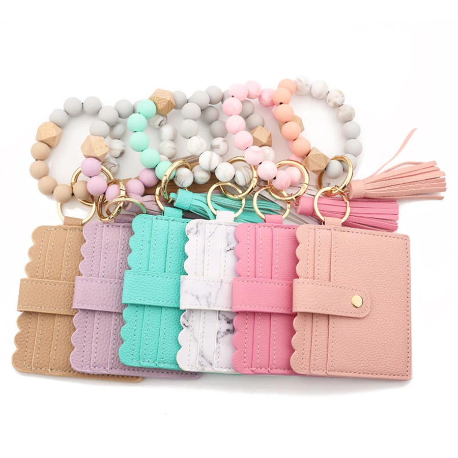 Factory Direct Women Wristlet Card Holder Silicone Beaded Bracelet Keychain Pocket Coin Purse Leather Tassel Key Chain Wallet