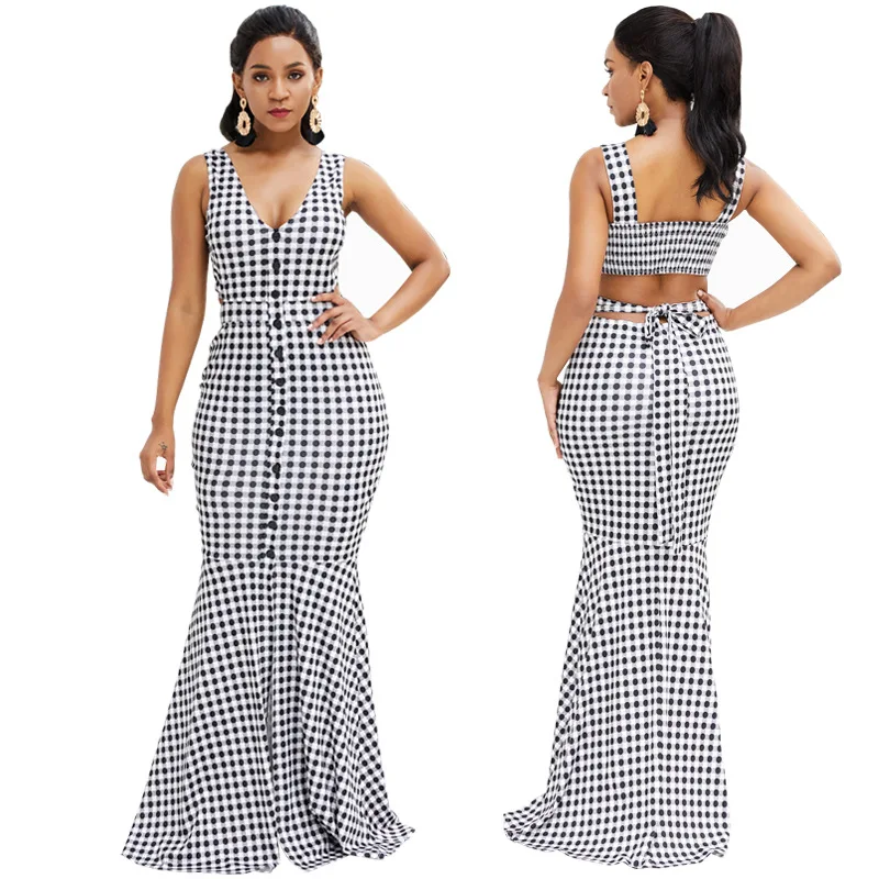
2021 New Arrivals Luxury Long Dot Print Spring Evening Backless Dress for Women Party Gowns Wear Evening Dresses 