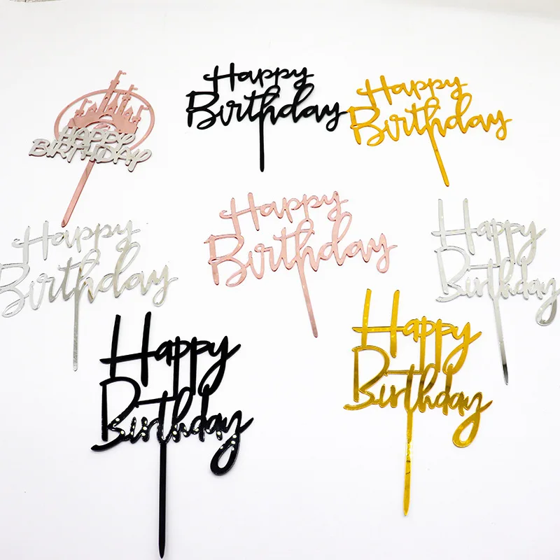 Серебристые и золотистые Зеркальные Пластиковые акриловые топперы для торта на день рождения, палочки для кексов, знаки, предметы для украшения торта