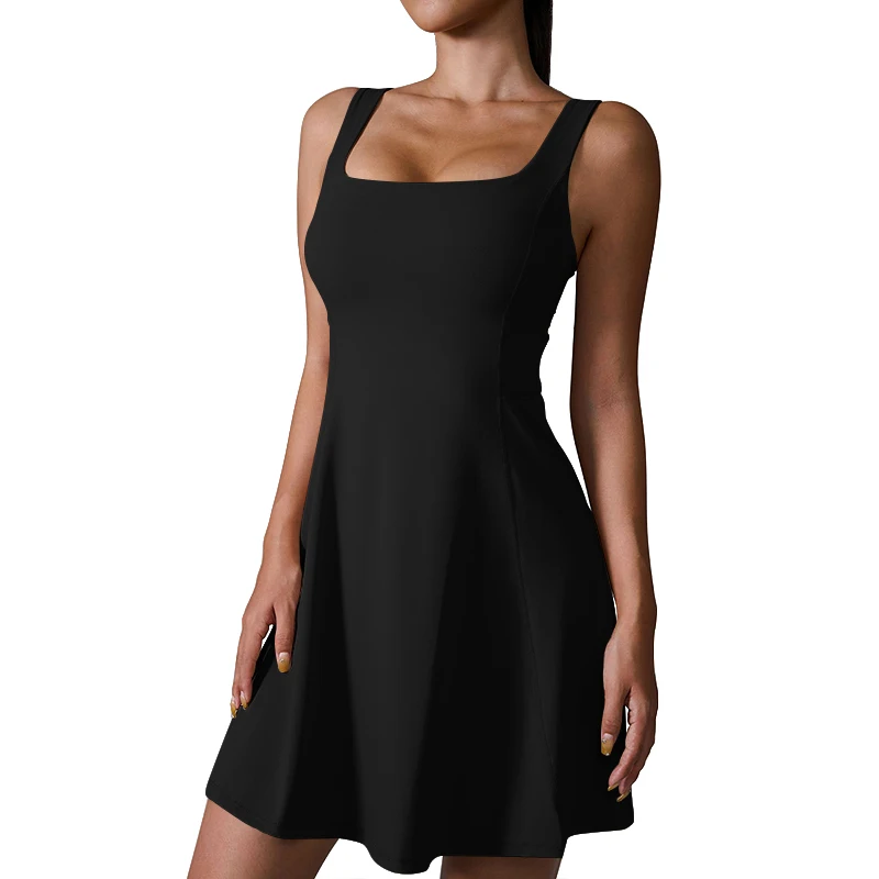 F2165 Sleeveless Built in Bra Shorts side Pockets exercise golf Workout Athletic Tennis Dress for women yoga activewear