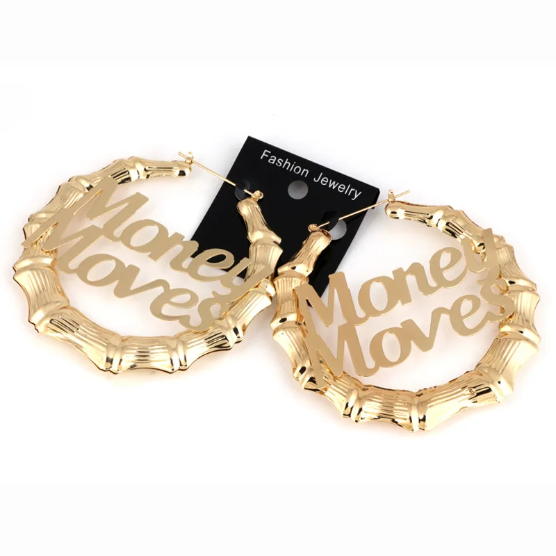 Hot Sale Custom Name Jewelry 5cm  6cm  9cm 12cm Big Hoop Double Name Bamboo Hoop Earrings For Women