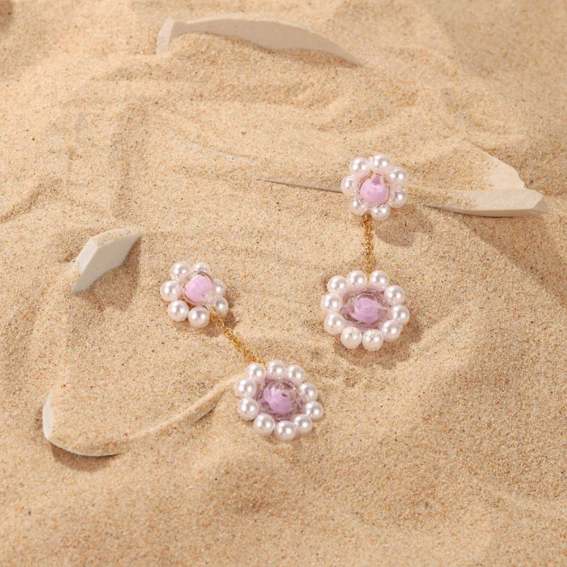Vintage Design Handmade Flower Pearl Dangle Earring Stainless Steel Knit  Purple Crystal Flower Earring