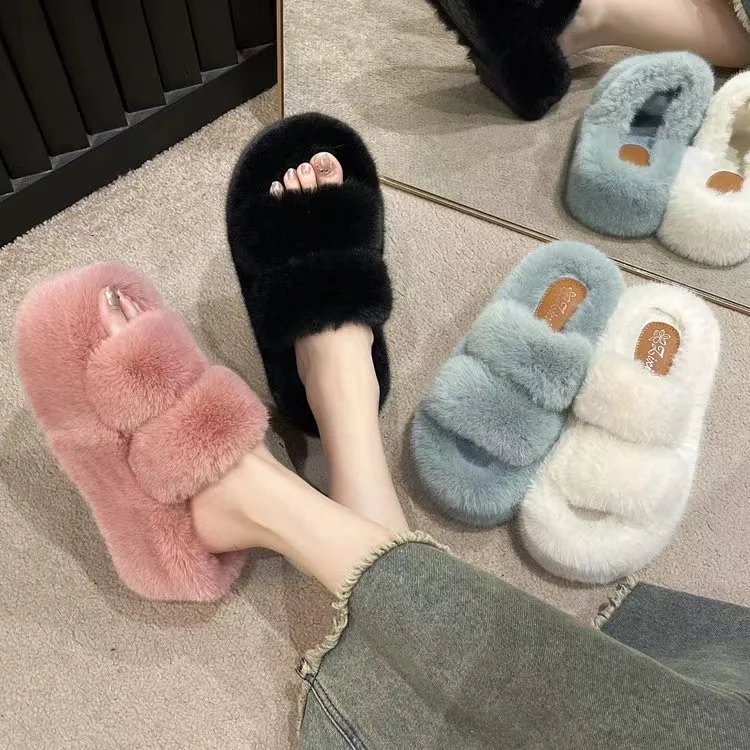 Women Warm Winter Furry Fur Shoes Fluffy Plush Sneaker Slippers Home House Indoor Shoes Bedroom Slippers Female Ladies Round Toe