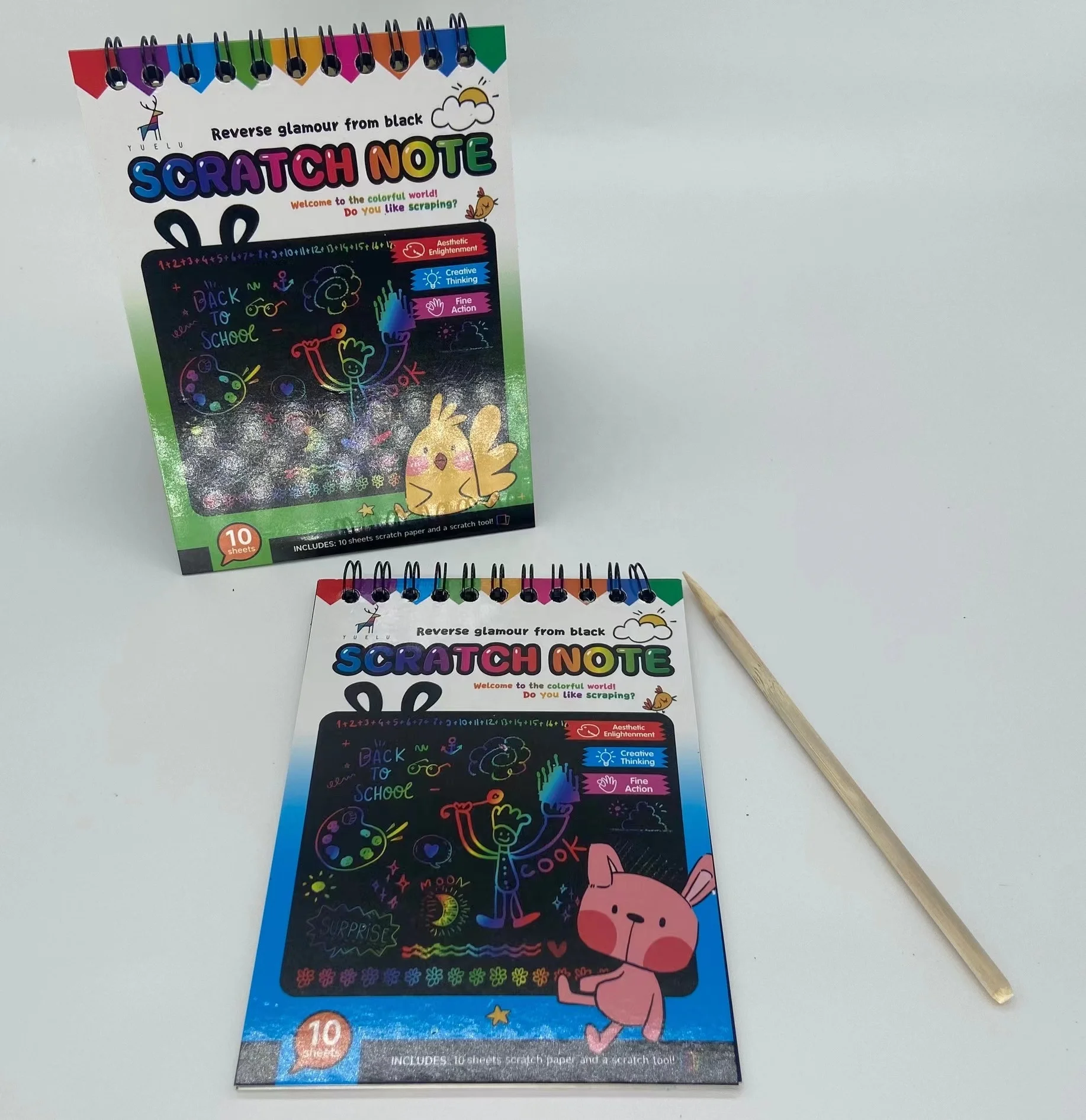 Scratch Arts Drawing Notebook Sketch Books for Kids Cartoon Art Supplies Large Rainbow Scratch Paper Note with Bamboo Sticks