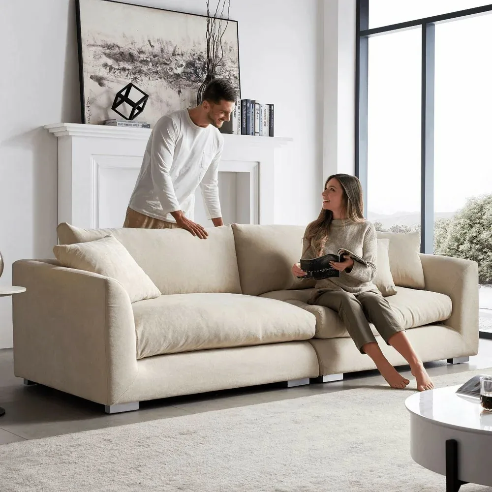 Comfortable Modern White Velvet Linen Fabric Feather Modular Sectional Sofa Set for Living Room