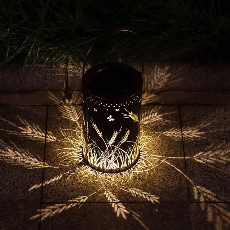 Outdoor Waterproof Garden Hanging Projection Decorative Lights Solar Iron Hollow Dynamic Wheat Ears Shadow Lantern