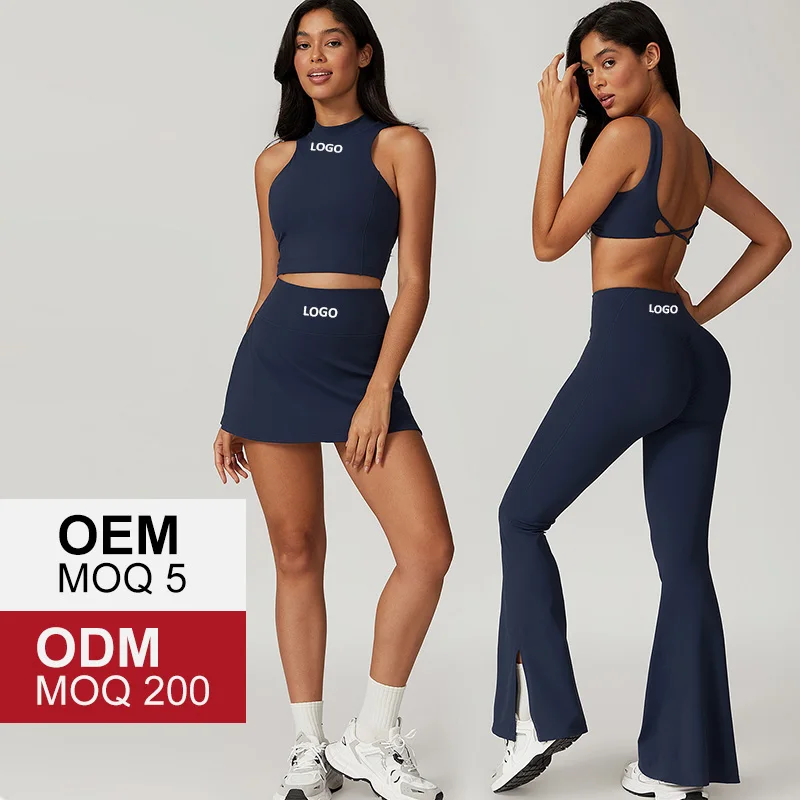 TZ8796 yoga 6 pcs sets Quick dry tight fitness vest bra tennis skirts set high waist flare pants sports set Outdoor Gym Wear