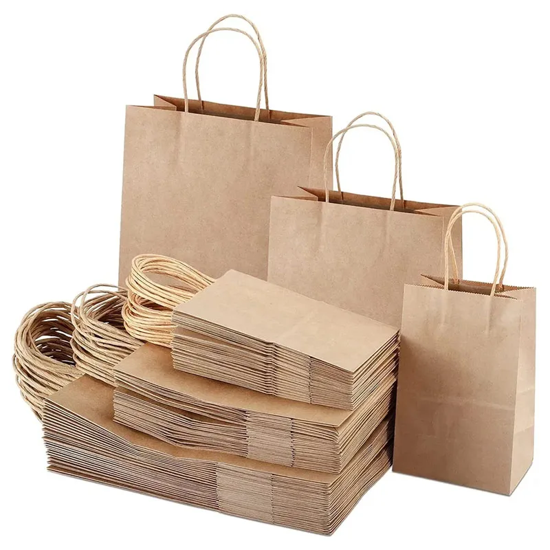 Wholesale Custom Logo Printed Grocery Packaging Plain Natural Brown Kraft Paper Bags with Handles for Shopping
