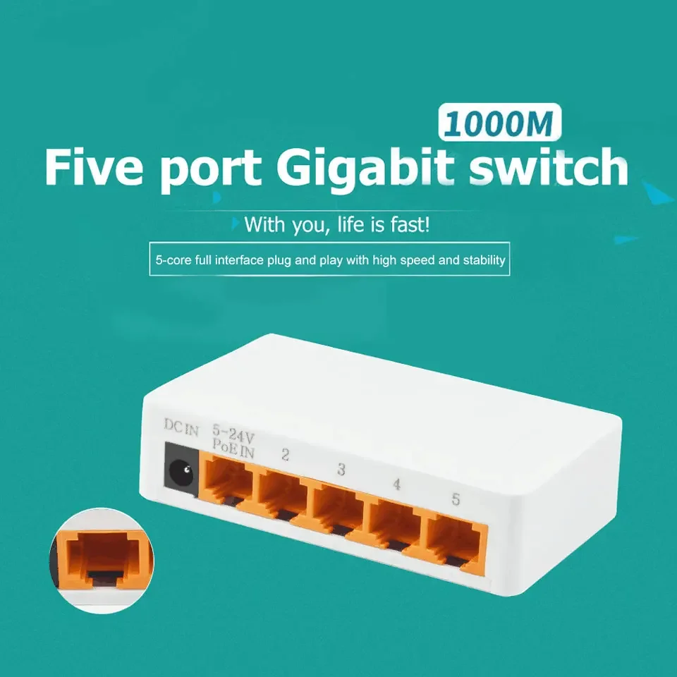 OEM ODM KuWFi 100m wifi range network switches poe 12v 24v desk network 5port 1000Mbps network switch for indoor use